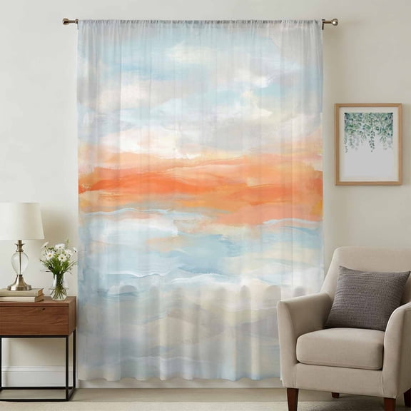 Burnt Orange Sunset Sheer Curtains 84 Inches Long, Modern Abstract Art Seaside Light Filering Curtains, Breathable Simi Curtain Privacy Drapes for Living Room Bedroom Lightweight Window Treatment