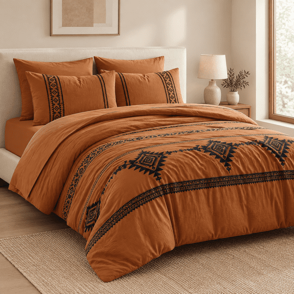 Burnt Orange Super King 7-Piece Western Embroidered Bed-in-a-Bag Comforter Set