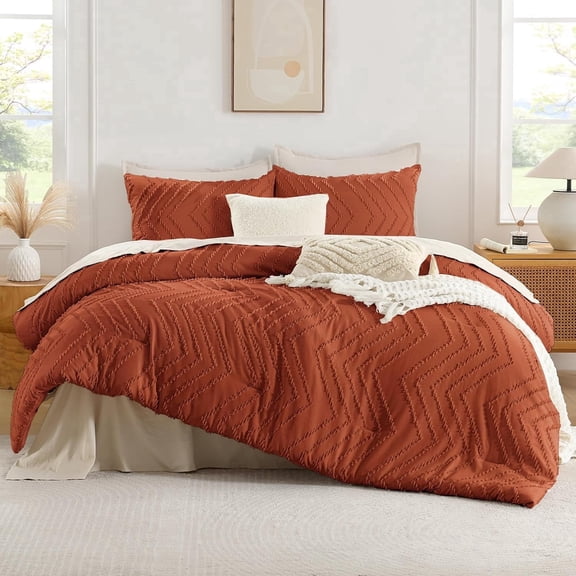Burnt Orange Super King Comforter Set 120x120, 3 Pieces Large Size Boho Soft Warm Bedding Set, Chevron Textured Aesthetic Comforter