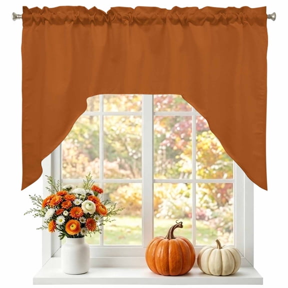 Burnt Orange Swag Valances for Windows, Small Curtains Drapes, Fall Autumn Thanksgiving Farmhouse Solid Color Kitchen Window Curtains Over Sink Window Treatment Valance for Bedroom/Bathroom 56"x36"