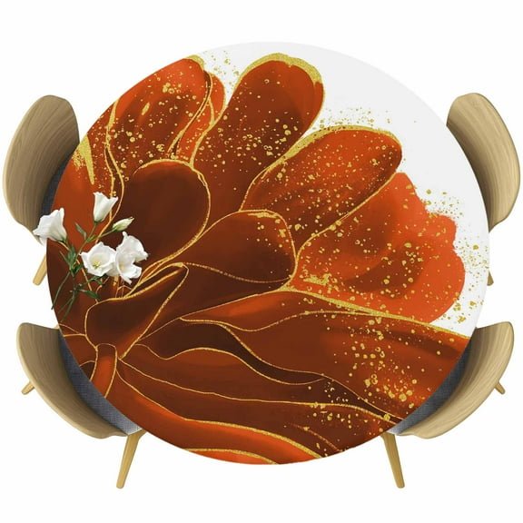 Burnt Orange Table Cloth, Round Fitted Tablecloths with Elastic Edge, Sparkle Gold Stained Floral Flower Art Wipeable Waterproof Table Cover for Kitchen Wedding 55-60 Inches