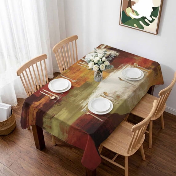 Burnt Orange Table Cloth Waterproof Tablecloths, Fall Modern Oil Painting Abstract Art Green Brown Tablecloth Dining Table Cover for Kitchen Party Tabletop Outdoor, Rectangle Tablecloth 60x84 Inch