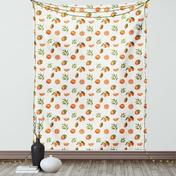 Burnt Orange Tapestry, Watercolor Orange and Tangerine Fruits with Leaves on Polka Dots, Wall Hanging for Bedroom Living Room Dorm Decor, 60W X 80L Inches, Burnt Orange Fern Green, by Ambesonne
