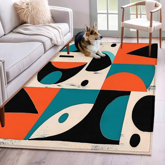 Burnt Orange Teal Black Area Rug 4x6 Washable Rug Non Slip Modern Abstract Geometric Large Area Rug Indoor Floor Carpet for Entryway Bedroom Kitchen Living Room Home Office Dining Room Nursery