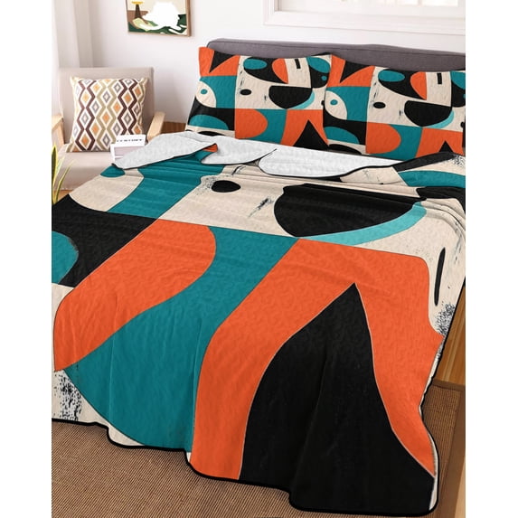 Burnt Orange Teal Black Full Size Down Alternative Comforter, Lightweight Comforter Quilt Bedding Set with Pillow Shams Modern Abstract Geometric All Seasons Bed Comforter Duvet Insert 78"x90"