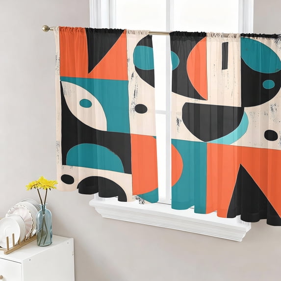 Burnt Orange Teal Black Semi Sheer Curtains 45 Inch Length 2 Panels Set ...