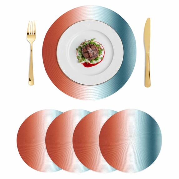 Burnt Orange Teal Ombre Round 13 Inch Placemats Set of 4, Modern Abstract Gradient HeatResistant Non Slip Place Mats for Dining Table, Wipeable Braided Kitchen Table Mats for Housewarming