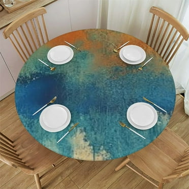 Burnt Orange Teal Round Tablecloth, Oil Painting Modern Fitted Table Cover with Elastic Round Tables, Abstract Cloth Indoor Outdoor Dinning Party Waterproof Tablecloths