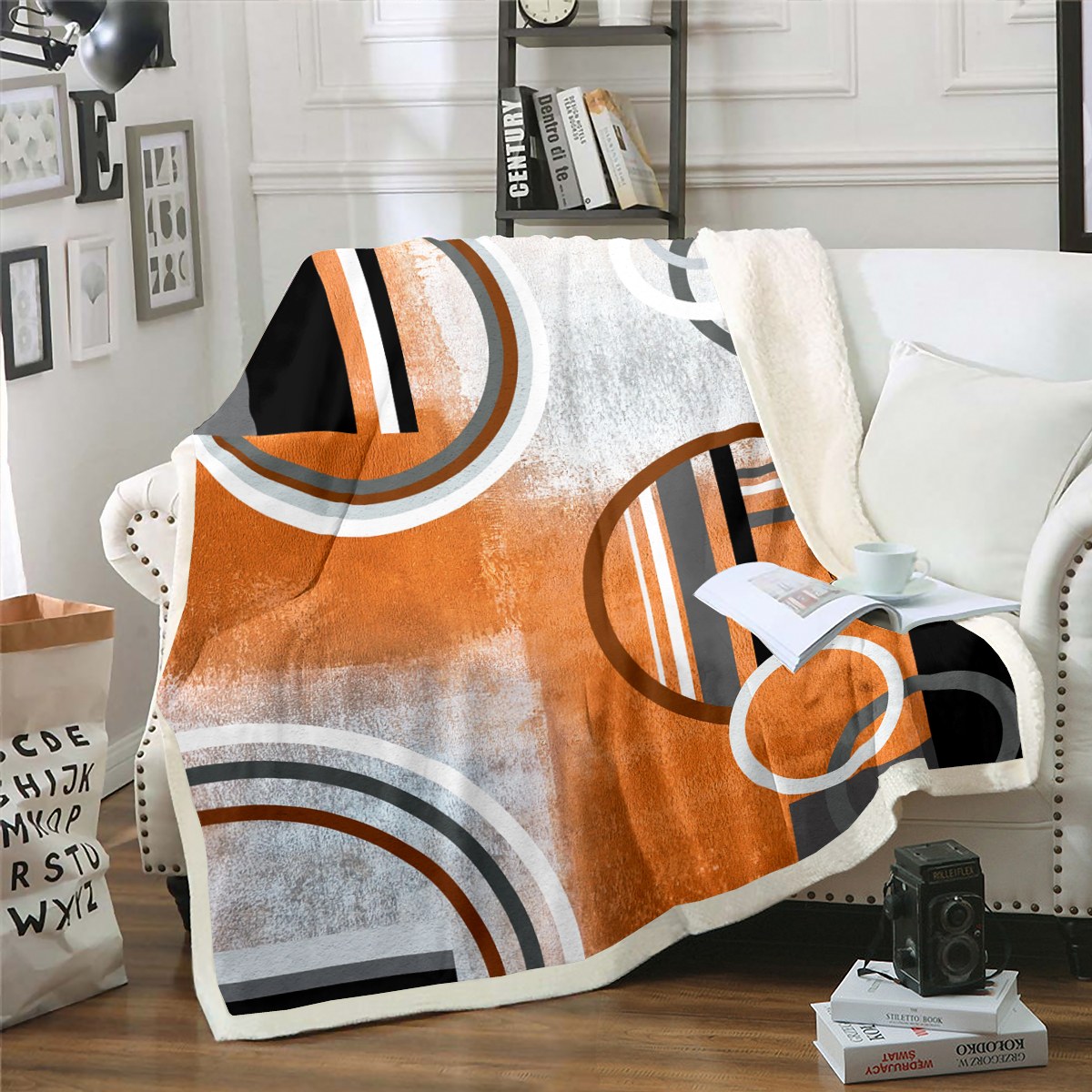 Burnt Orange Throw Blanket Twin Size,Geometric Black Gray Fuzzy Blanket