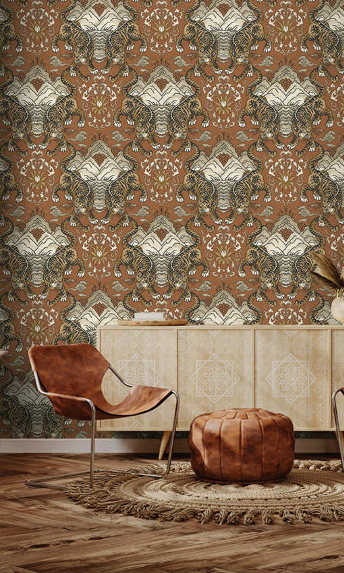 Burnt Orange Tiger Chinese Inspired Textured Wallpaper R8413