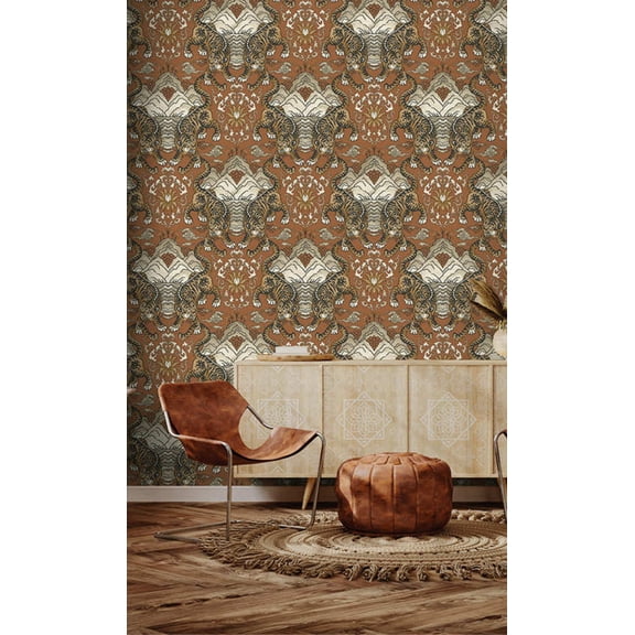 Burnt Orange Tiger Chinese Inspired Textured Wallpaper R8413