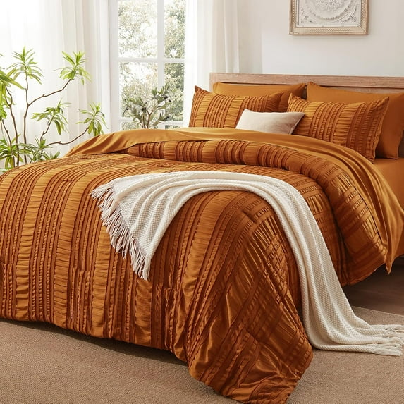Burnt Orange Tufted Textured Comforter Set King Size, 7 Piece Bed in a Bag,Shabby Chic Boho Bedding for Bedroom Comforter,All Season Soft Microfiber Ruffle Comforter Set with Pillow and Sheets