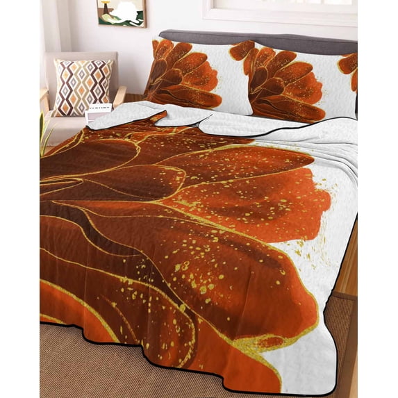 Burnt Orange Twin Size Down Alternative Comforter, Lightweight Comforter Quilt Bedding Set with Pillow Shams Sparkle Gold Stained Floral Flower Art All Seasons Bed Comforter Duvet Insert 68"x86"