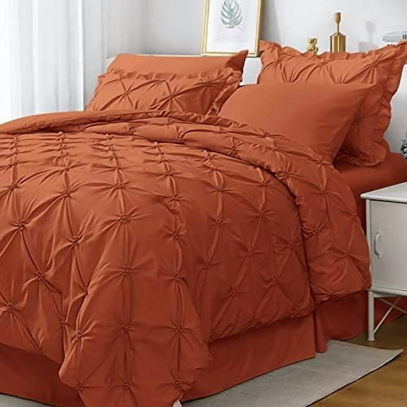 Burnt Orange Twin Size Comforter Sets 5 Pieces, Pintuck Bed in a Bag Comforter Set for Bedroom, Bedding Comforter Sets with Comforter, Sheets,Ruffled Shams & Pillowcases
