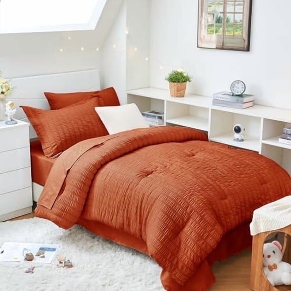 Burnt Orange Twin XL Comforter Set Seersucker 5 Pieces, All Season Luxury Bed in a Bag for Bedroom, Bedding Set with Comforter, Sheets, Pillowcase & Sham