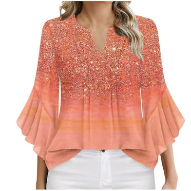 Burnt Orange V Neck Spandex Shirts for Women Summer Fall Ruffle 3/4 Bell Sleeve Gradient Loose Fit Casual Ruched Tops Blouses Shirts Womens 2025 Clothing Country Concert XXL