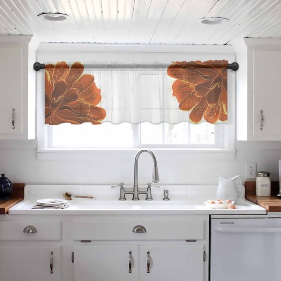 Burnt Orange Valance Curtains for Kitchen/Living Room/Bathroom/Bedroom Window, Sparkle Gold Stained Floral Flower Art Rod Pocket Small Topper Half Short Window Curtains Voile Sheer Scarf 42"x12"