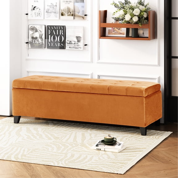 Burnt Orange Velvet With Abundant Storage For Blankets, On Stable Birch Wood Legs Dark Brown Finish, Holds Up To 250 Lbs In Generous Compartment Coating, Weight Capacity