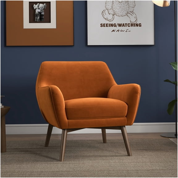 Burnt Orange Velvet Accent Chair, Modern Lounge Chair with Flared Arms and Soft Cushions