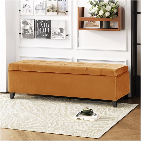 Burnt Orange Velvet Storage Ottoman Bench with Lift Top, Upholstered Foot Rest Stool for Living Room, Entryway, Bedroom