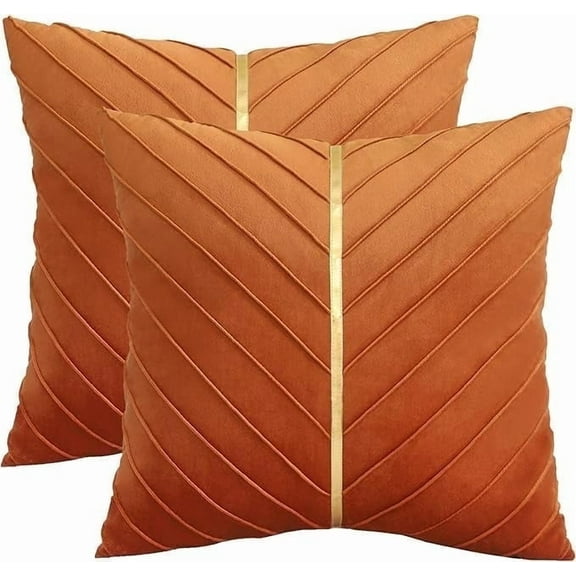 Burnt Orange Velvet Throw Pillow Covers 18 x 18 inch Pack of 2 with Gold Leather Fall Decorative Couch Pillowcases Luxury Modern Pillow Cover for Living Room Bedroom Sofa Cushion Bed