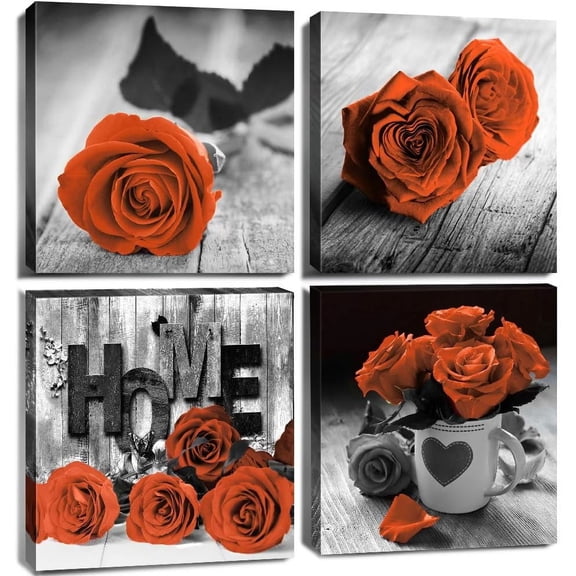 Burnt Orange Wall Art Black and White Wall Decor Rose Floral Pictures Kitchen Accessories Flower Love Themed Canvas Prints Paintings Modern Artwork Bathroom Salon Home Decorations 4Pcs/Sets 14x14