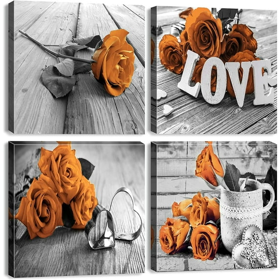 Burnt Orange Wall Art for Living Room Orange Rose Bathroom Wall Decor Black and White Wall Art Bedroom Flower Pictures Kitchen Canvas Artwork Accessories Floral Poster Home Decorations 12x12" 4 Pcs