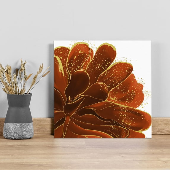 Burnt Orange Wall Art Painting on Canvas, Sparkle Gold Stained Floral Flower Art Canvas Art Home Prints Wall Art Framed Modern Artwork for Living Room Bedroom Wall Decor 20x20in