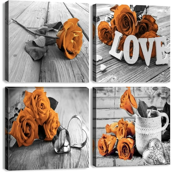 Burnt Orange Wall Art Rose Flower Pictures Wall Decor for Bathroom Bedroom Black and White Paintings Farmhouse Floral Canvas Prints Romantic Love Theme Posters Artwork Home Decorations 14x14 4Pcs