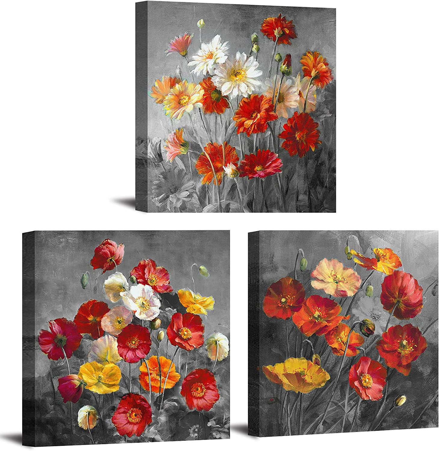 Burnt Orange Wall Decor Floral Wall Art Bedroom Red and Yellow Daisy Poppy Posters Orange Bathroom Kitchen Pictures Colorful Flower Canvas Painting Modern Artwork for Living Room 12x12" 3 Pcs
