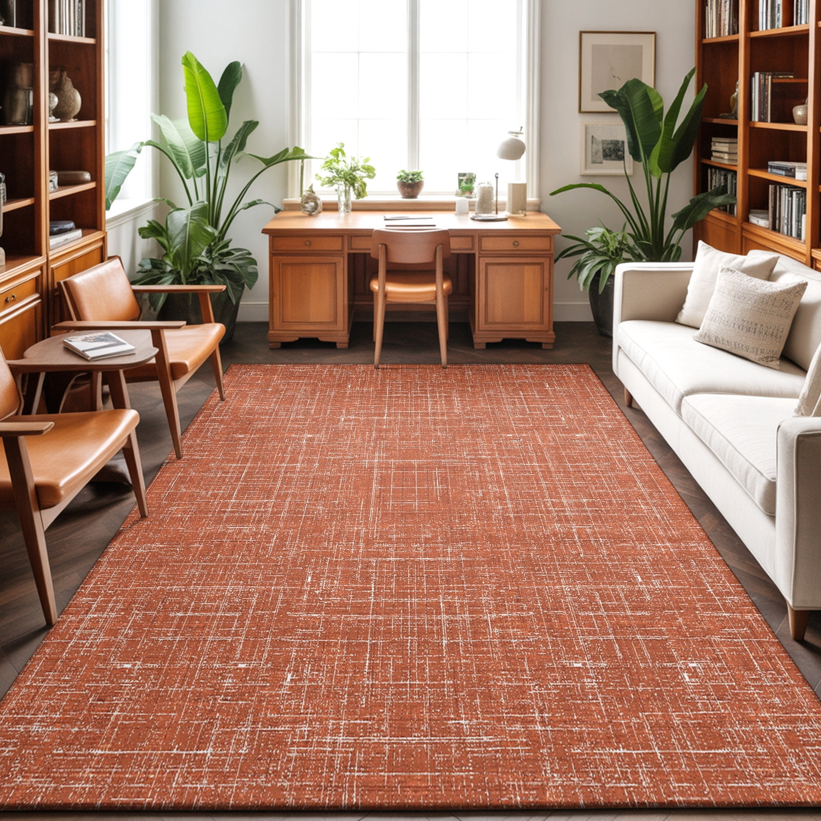 Burnt Orange Washable Area Rug 5 x 7 ft Abstract Modern Farmhouse Solid ...