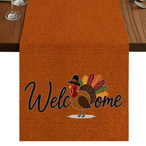 Burnt Orange Welcome Fall Burlap Cotton Table Runner 13x90 Inches Long, Turkey Thanksgiving Farmhouse Farmhouse Table Runners, Outdoor Dining Tablecloths Decor for Baby Shower/Party/Wedding
