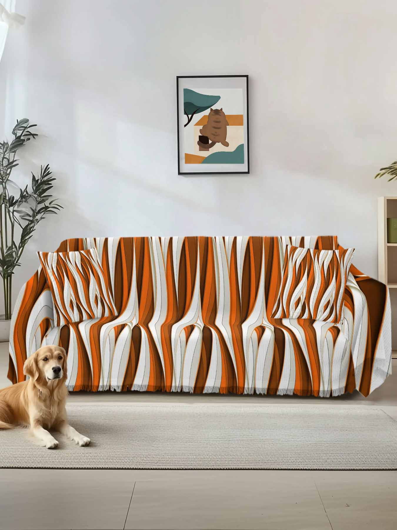 Burnt Orange White Moire Couch Cover, Modern Abstract Art Sofa Cover Blanket for 3 Cushion Couch,Sectional Sofa Slipcover Furniture Protector for Living Room Bedroom 71''x134''
