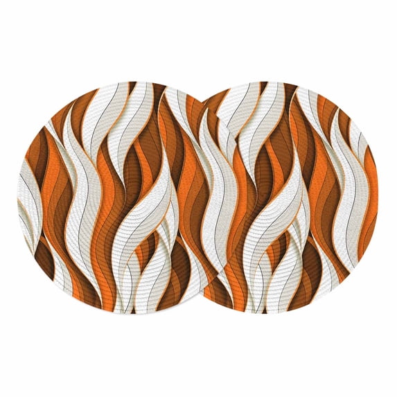 Burnt Orange White Moire Round 13 Inch Placemats Set of 2, Modern Abstract Art HeatResistant Non Slip Place Mats for Dining Table, Wipeable Braided Kitchen Table Mats for Housewarming