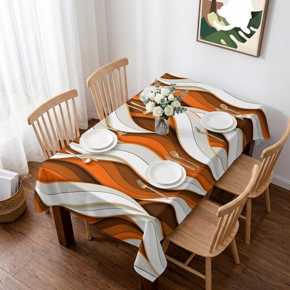 Burnt Orange White Moire Table Cloth Waterproof Tablecloths, Modern Abstract Art Tablecloth Dining Table Cover for Kitchen Party Tabletop Outdoor, Rectangle Tablecloth 52x70 Inch