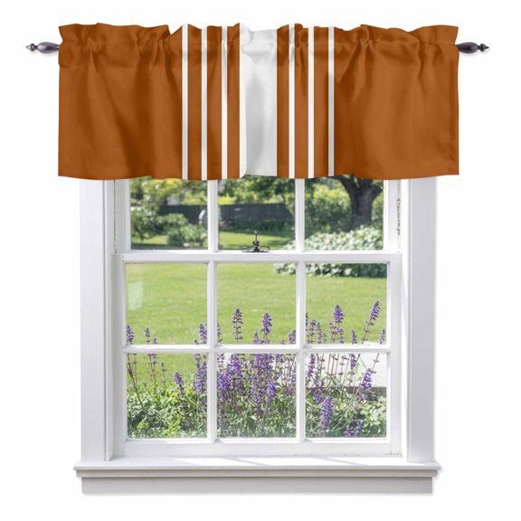 Burnt Orange White Stripe Kitchen Curtain Valances for Windows Farmhouse Short Curtains, Modern Rustic Vertical Striped Rod Pocket Valance Curtain for Bedroom Cafe Living Room
