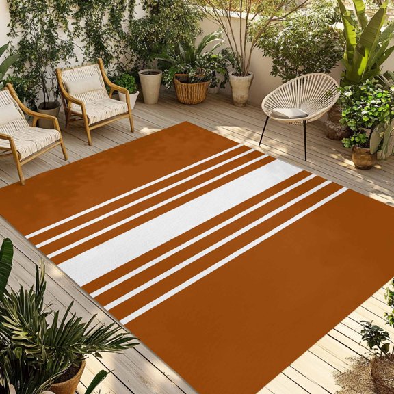 Burnt Orange White Stripe Outdoor Rug 5x7 Ft - Reversible Patio Rug Outdoor Camping Rugs, Modern Rustic Vertical Striped Indoor Outdoor Area Rugs, Non-Slip Outdoor Carpet Runner for Deck/Porch