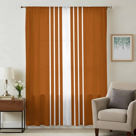 Burnt Orange White Stripe Sheer Curtains 45 Inches Long, Modern Rustic Vertical Striped Light Filering Curtains, Breathable Simi Curtain Privacy Drapes for Kitchen Bathroom Small Window Treatment