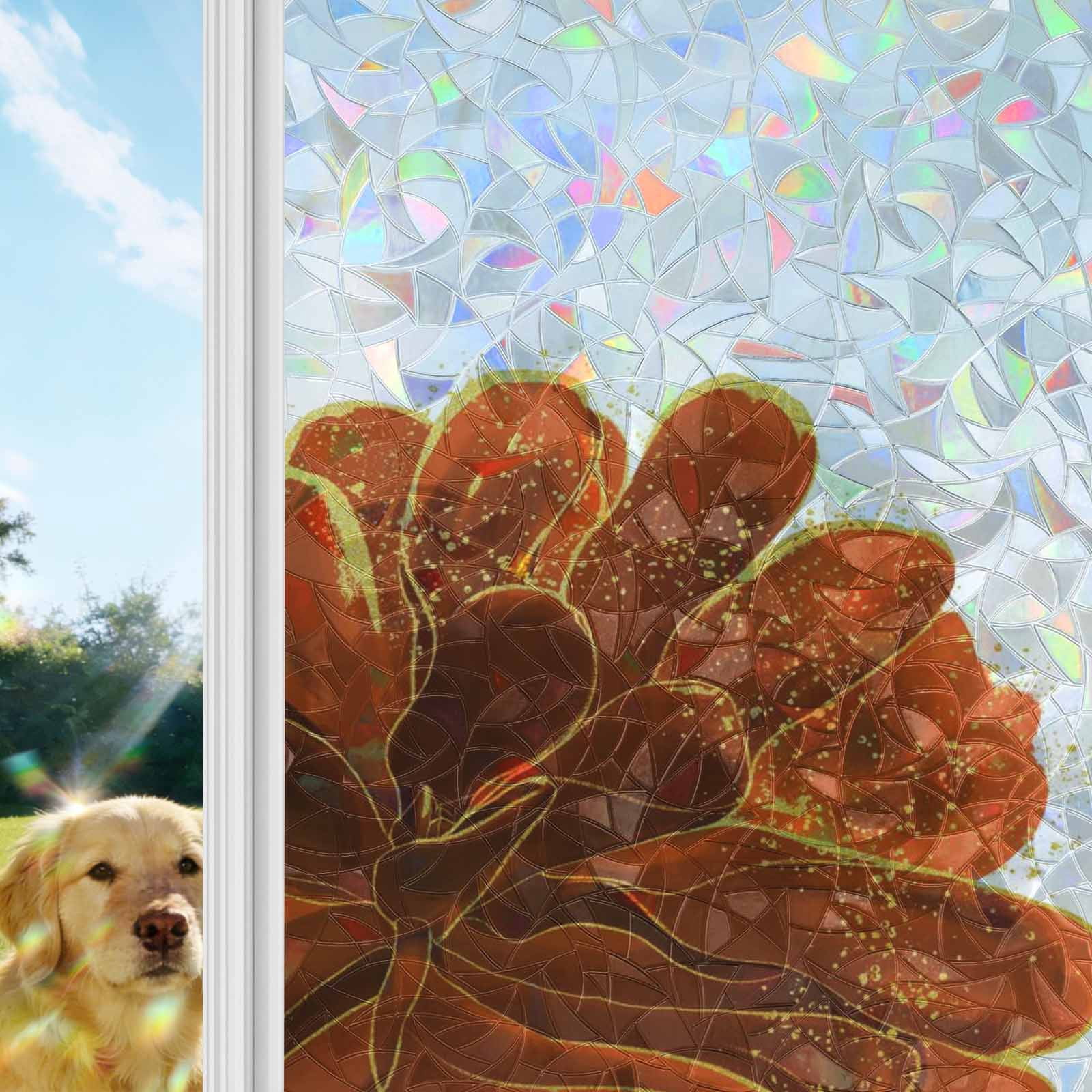 Burnt Orange Window Privacy Film Stain Glass,Reusable Decorative Rainbow Window Film,Sparkle Gold Stained Floral Flower Art Static Cling Sun Blocking Stickers Decals Covers 29.5" x 118" (2pcs)