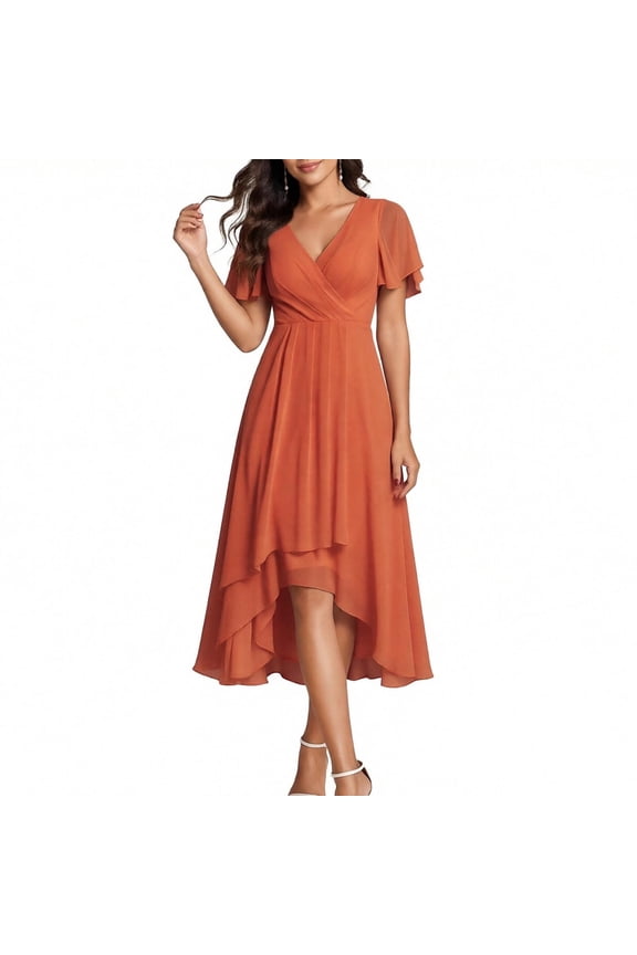 Burnt Orange Women Fairy Long Midi Long Dresses Homecoming Dress for Women Short Sleeve Vneck Chiffon Formal Prom Party Evening Gowns Elegant Summer Fall Dresses 2026 XL