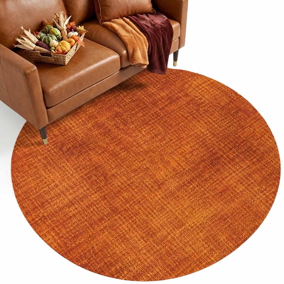 Burnt Orange Woven Fabric 7' Round Rugs for Living Room Conversation Area, Vintage Rustic Linen Texture Washable Non Slip Large Circle Area Rug Under Dining Table