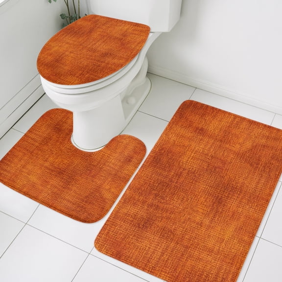 Burnt Orange Woven Fabric Bathroom Rugs Set Vintage Rustic Linen Texture Non Slip Absorbent Soft Bath Mats 3 Piece Set with Bathroom Rug, U-Shaped Floor Mat, Toilet Seat Cover Small Size