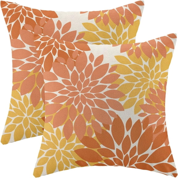 Burnt Orange Yellow Pillow Covers 18x18 Inch Set of 2 Fall Colored Dahlia Floral Decor Throw Pillows Summer Modern Geometry Flower Outdoor Decorative Cushion Cases for Sofa Couch Bed Decoration