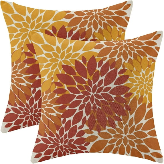 Burnt Orange Yellow Pillow Covers 18x18 Set of 2, Fall Decor Dahlia Floral Decorative Autumn Throw Pillows Linen Geometric Flower Modern Style Cushion Pillow Covers for Sofa Couch Outdoor Decor