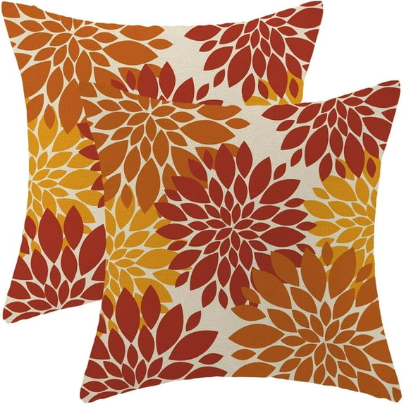 Burnt Orange Yellow Pillow Covers 18x18 Set of 2, Orange Yellow Dahlia Fall Decorations Outdoor Throw Pillows Geometry Design Summer Outdoor Decorative Linen Cushion Case for Couch Sofa Home