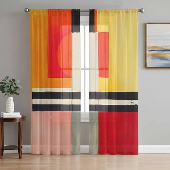 Burnt Orange Yellow Sheer Curtains 84 Inch Length 2 Panels Set, Oil Painting Modern Abstract Voile Window Treatment Rod Pocket Curtains Sheers Drapes for Bedroom/Living Room/Kitchen 52"x84"x2