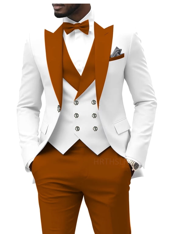 Burnt and White Men Tuxedos Suits 3 Piece Sets Double Breasted Suit Mens 2XL