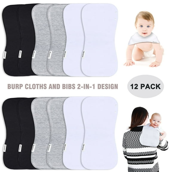 2-in-1 Baby Bibs & Burp Cloths Set, 3-Layer Design, Large Size, Super Absorbent, 100% Organic Cotton, Soft & Comfortable,12-Pack