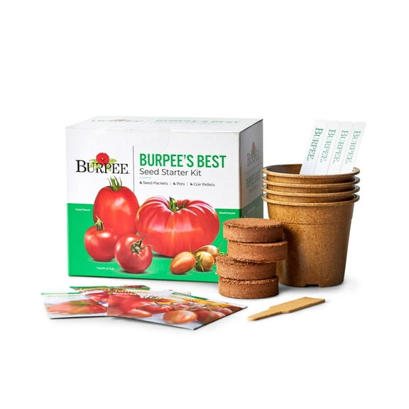 Burpee Best Starter Kit, SuperSauce, Fourth of July, Shimmer & Steakhouse, 4 Tomato Seed Packets, 4 Pots, 4 Coir Pellets & 4 Plant Markers