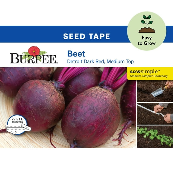 Burpee Medium Top Detroit Dark Red Beet Seed Tape - Non-GMO, Easy to Grow, Vegetable Gardening Seeds, 22.5ft Tape, 130 Seeds, 1-Pack